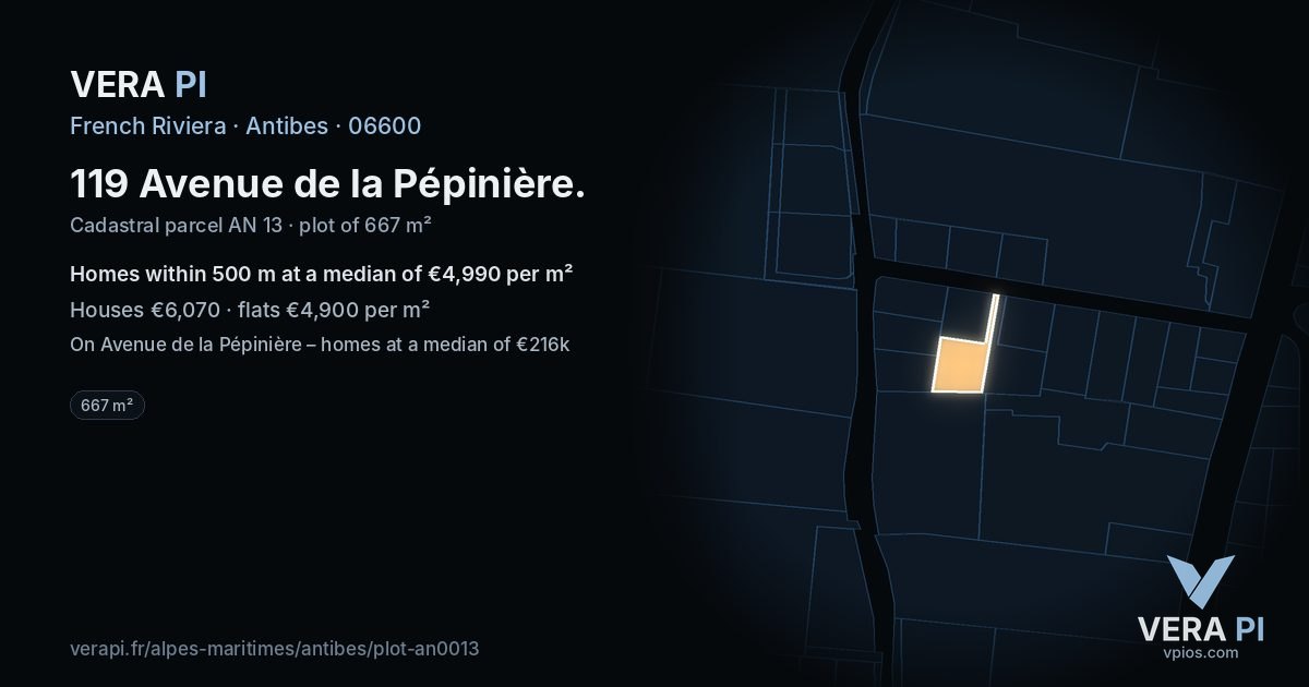119 Avenue de la Pépinière, Antibes at night – the plot lit, the parcels around coloured by the prices near them