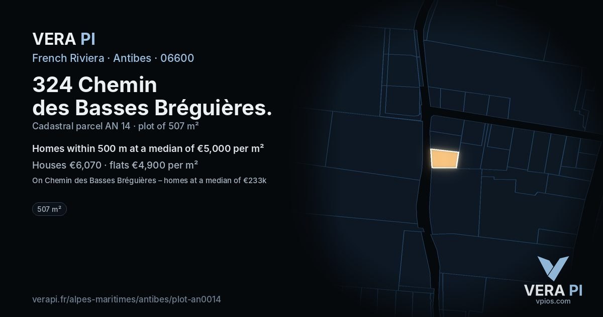 324 Chemin des Basses Bréguières, Antibes at night – the plot lit, the parcels around coloured by the prices near them