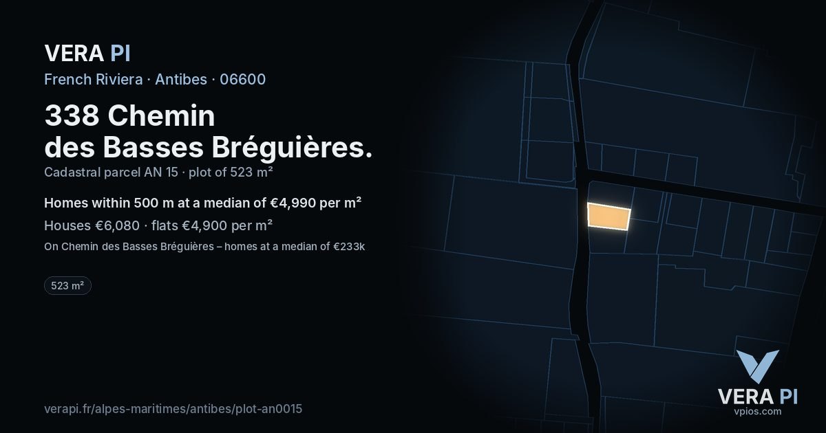 338 Chemin des Basses Bréguières, Antibes at night – the plot lit, the parcels around coloured by the prices near them