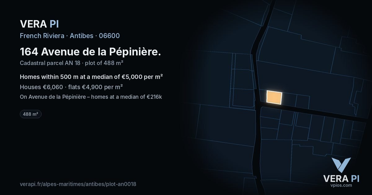 164 Avenue de la Pépinière, Antibes at night – the plot lit, the parcels around coloured by the prices near them