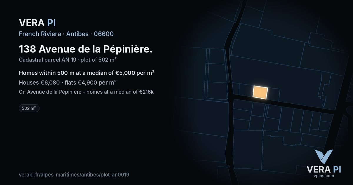138 Avenue de la Pépinière, Antibes at night – the plot lit, the parcels around coloured by the prices near them