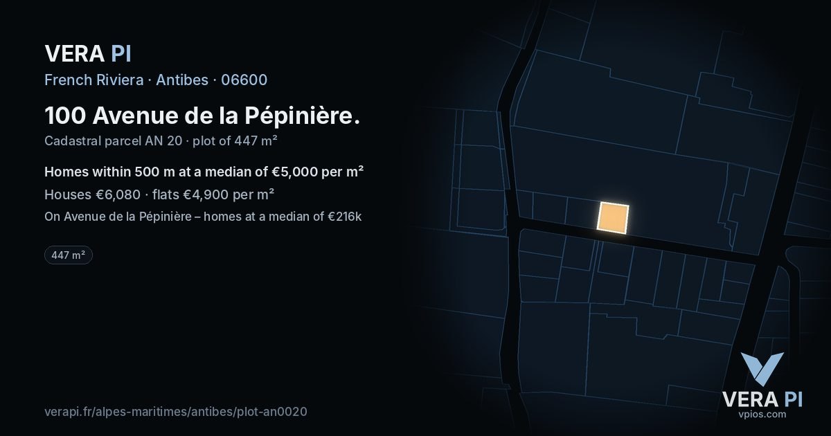 100 Avenue de la Pépinière, Antibes at night – the plot lit, the parcels around coloured by the prices near them