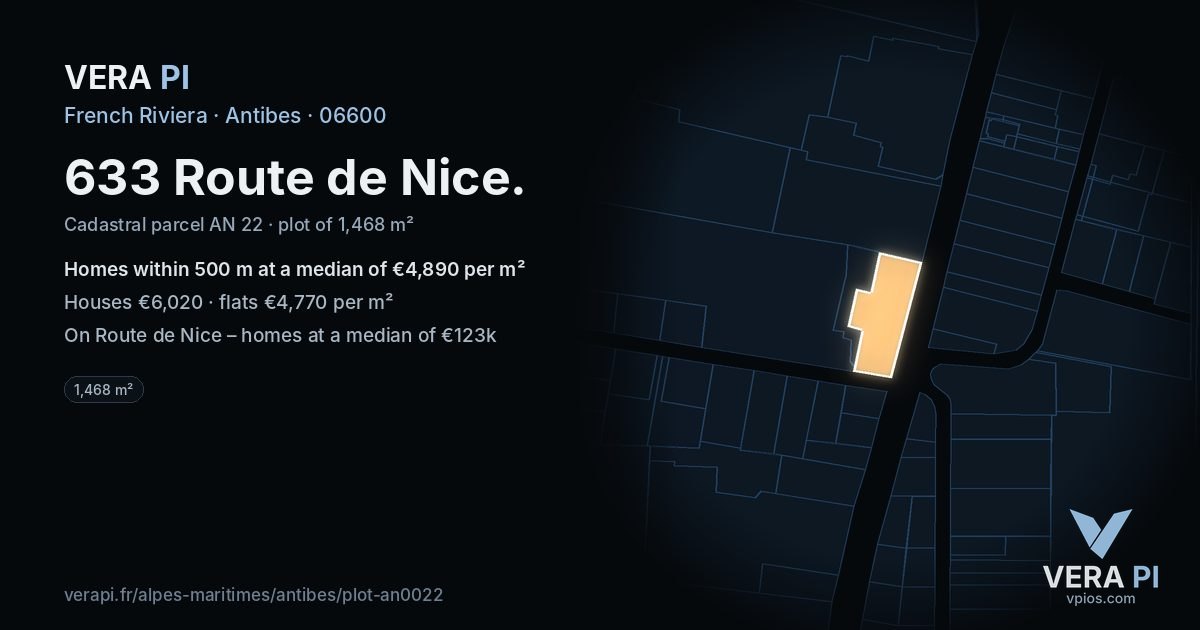 633 Route de Nice, Antibes at night – the plot lit, the parcels around coloured by the prices near them