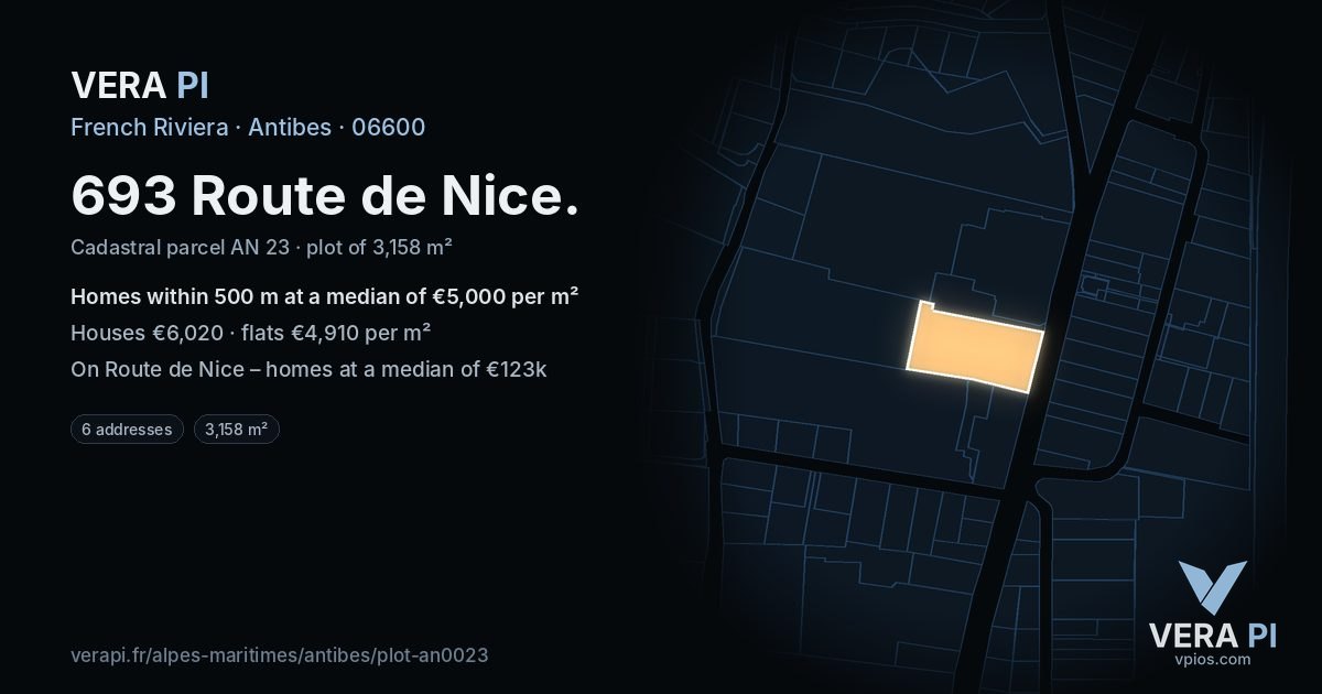 693 Route de Nice, Antibes at night – the plot lit, the parcels around coloured by the prices near them