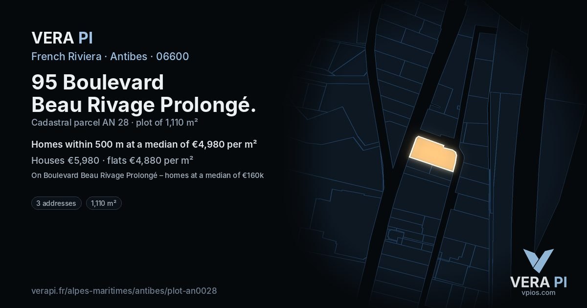 95 Boulevard Beau Rivage Prolongé, Antibes at night – the plot lit, the parcels around coloured by the prices near them