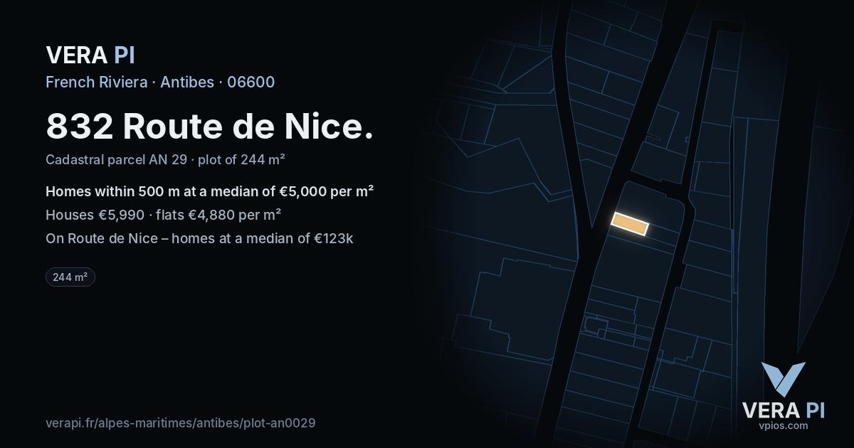 832 Route de Nice, Antibes at night – the plot lit, the parcels around coloured by the prices near them