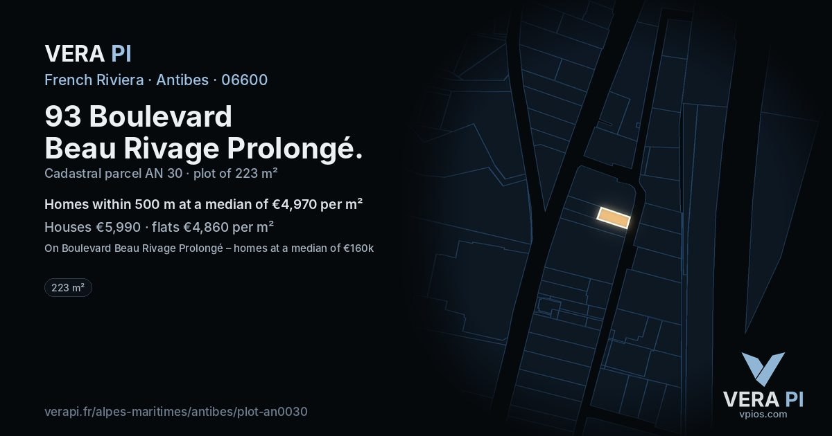 93 Boulevard Beau Rivage Prolongé, Antibes at night – the plot lit, the parcels around coloured by the prices near them