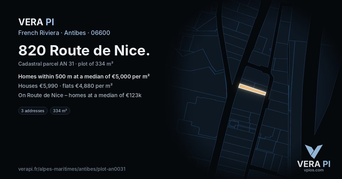 820 Route de Nice, Antibes at night – the plot lit, the parcels around coloured by the prices near them