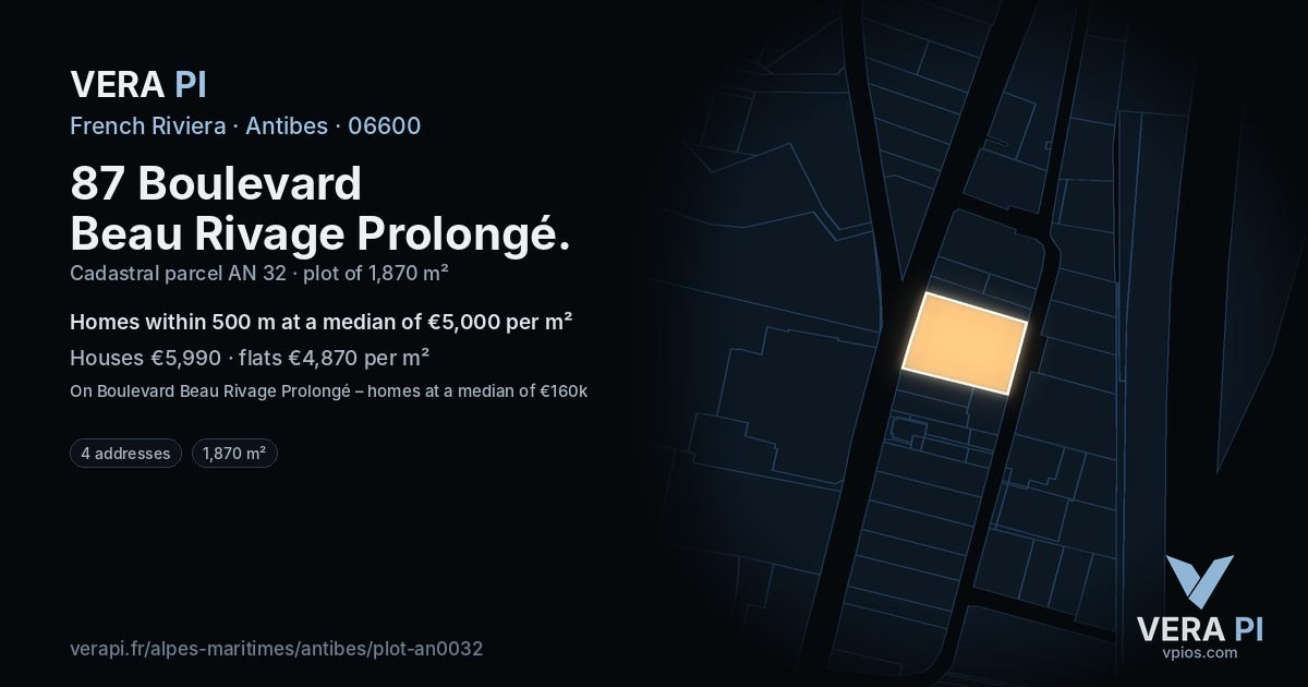 87 Boulevard Beau Rivage Prolongé, Antibes at night – the plot lit, the parcels around coloured by the prices near them