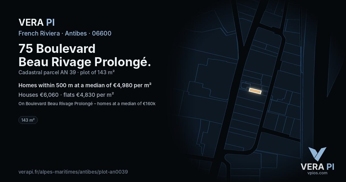 75 Boulevard Beau Rivage Prolongé, Antibes at night – the plot lit, the parcels around coloured by the prices near them