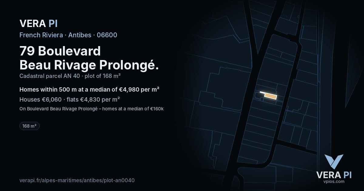 79 Boulevard Beau Rivage Prolongé, Antibes at night – the plot lit, the parcels around coloured by the prices near them