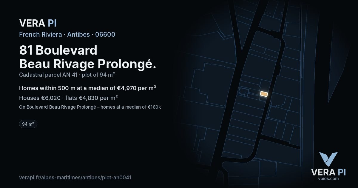 81 Boulevard Beau Rivage Prolongé, Antibes at night – the plot lit, the parcels around coloured by the prices near them