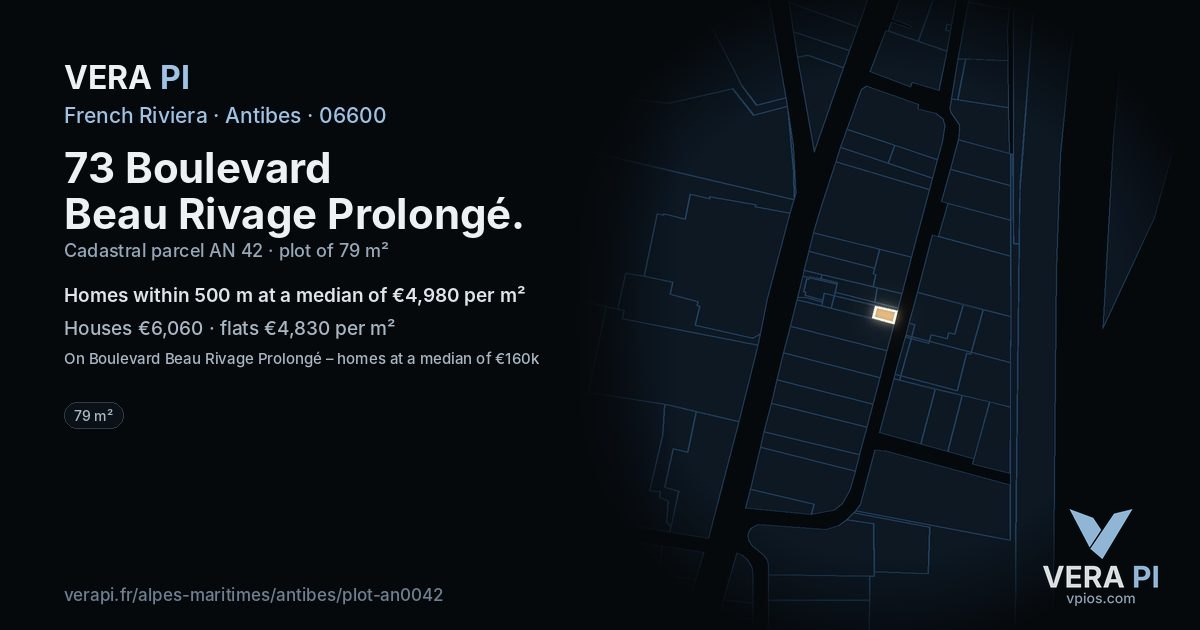 73 Boulevard Beau Rivage Prolongé, Antibes at night – the plot lit, the parcels around coloured by the prices near them