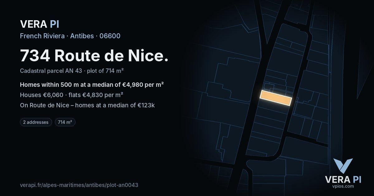 734 Route de Nice, Antibes at night – the plot lit, the parcels around coloured by the prices near them