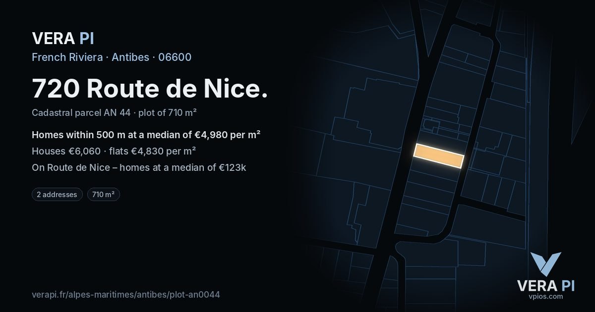 720 Route de Nice, Antibes at night – the plot lit, the parcels around coloured by the prices near them