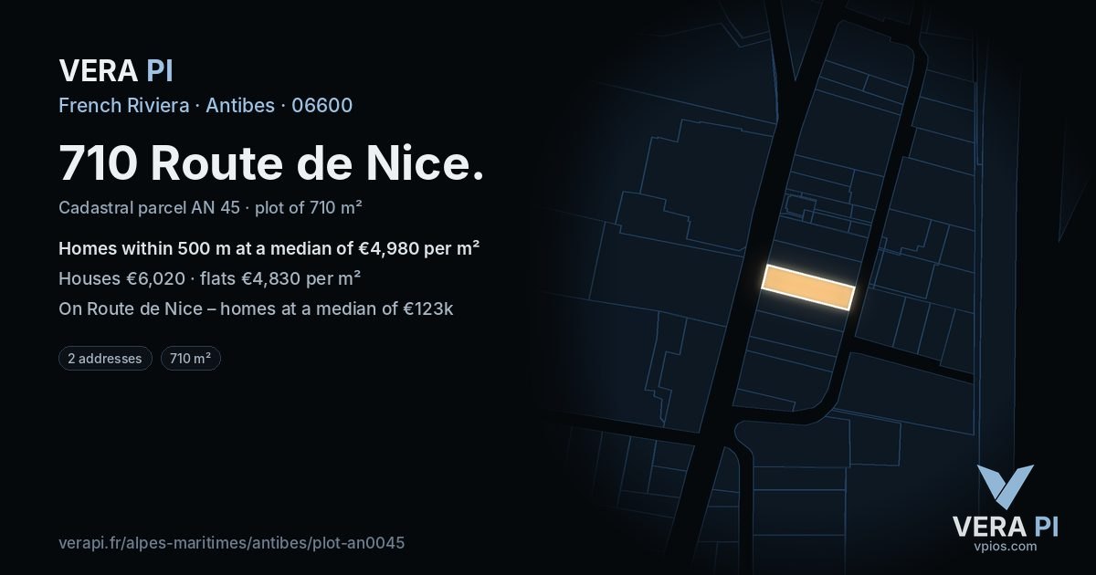 710 Route de Nice, Antibes at night – the plot lit, the parcels around coloured by the prices near them