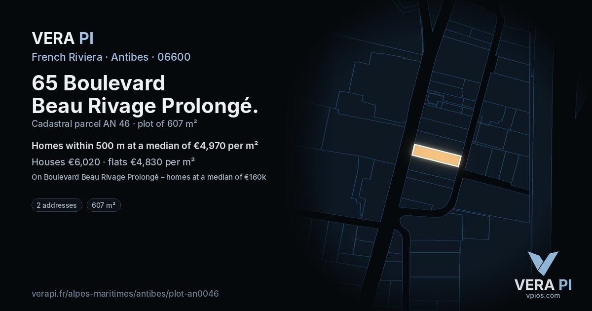65 Boulevard Beau Rivage Prolongé, Antibes at night – the plot lit, the parcels around coloured by the prices near them
