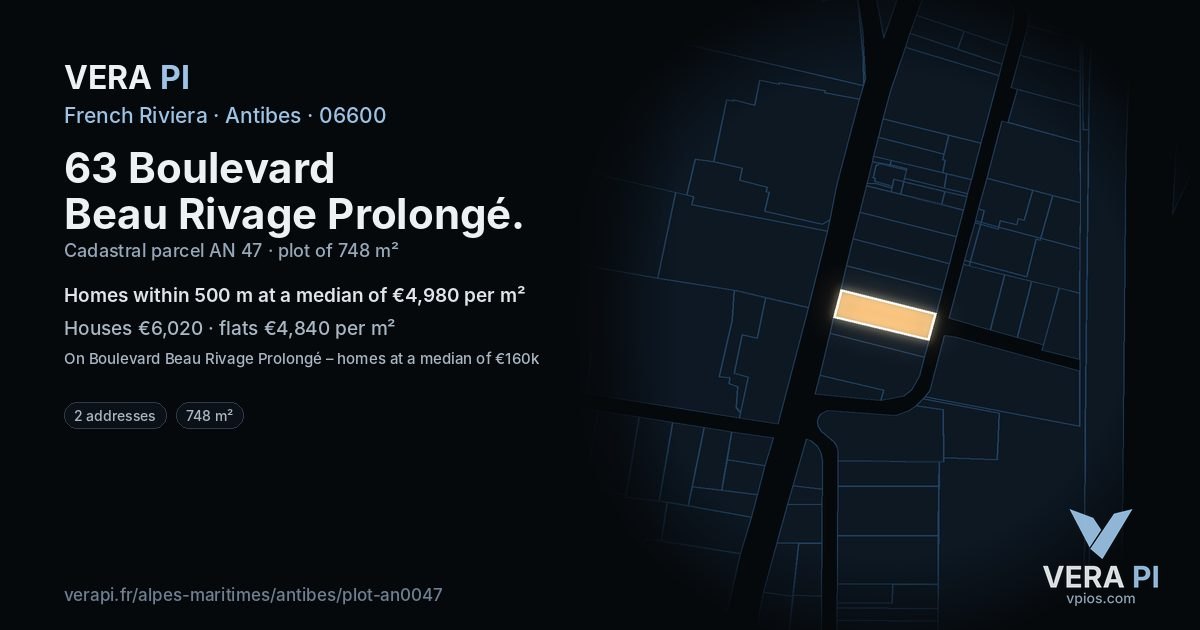 63 Boulevard Beau Rivage Prolongé, Antibes at night – the plot lit, the parcels around coloured by the prices near them