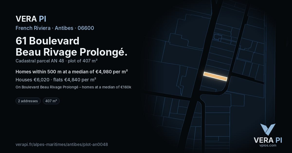 61 Boulevard Beau Rivage Prolongé, Antibes at night – the plot lit, the parcels around coloured by the prices near them