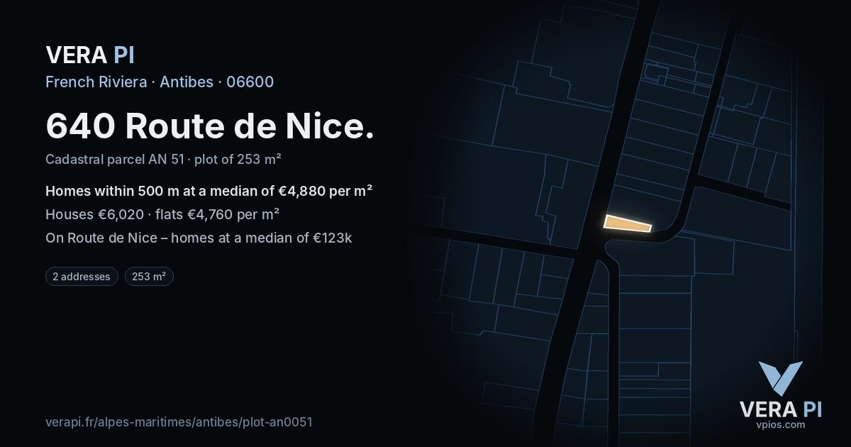 640 Route de Nice, Antibes at night – the plot lit, the parcels around coloured by the prices near them