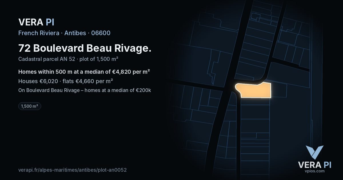 72 Boulevard Beau Rivage, Antibes at night – the plot lit, the parcels around coloured by the prices near them