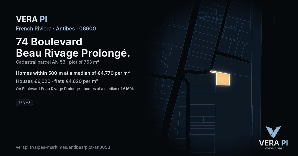 74 Boulevard Beau Rivage Prolongé, Antibes at night – the plot lit, the parcels around coloured by the prices near them