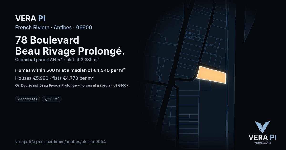 78 Boulevard Beau Rivage Prolongé, Antibes at night – the plot lit, the parcels around coloured by the prices near them