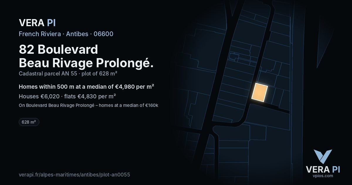 82 Boulevard Beau Rivage Prolongé, Antibes at night – the plot lit, the parcels around coloured by the prices near them