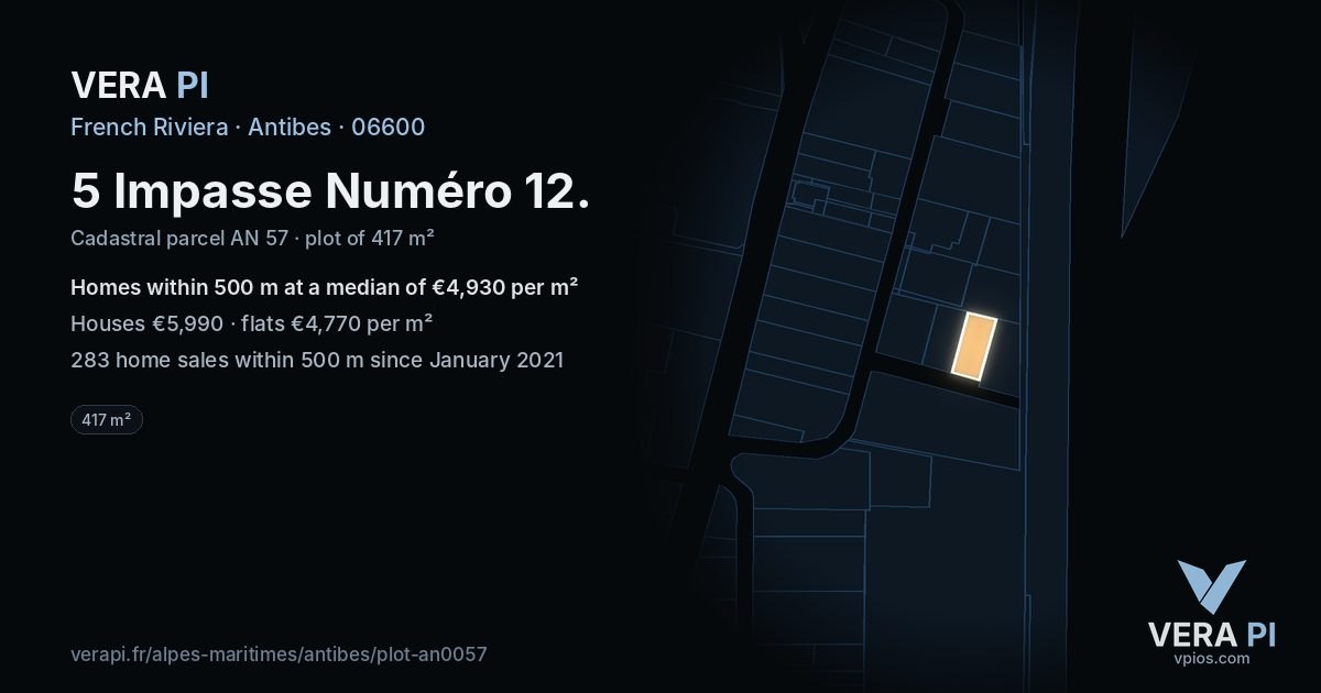5 Impasse Numéro 12, Antibes at night – the plot lit, the parcels around coloured by the prices near them