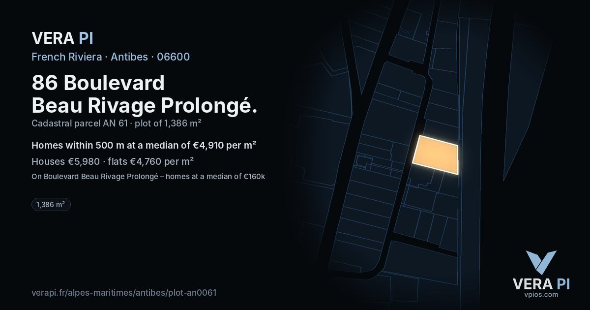 86 Boulevard Beau Rivage Prolongé, Antibes at night – the plot lit, the parcels around coloured by the prices near them