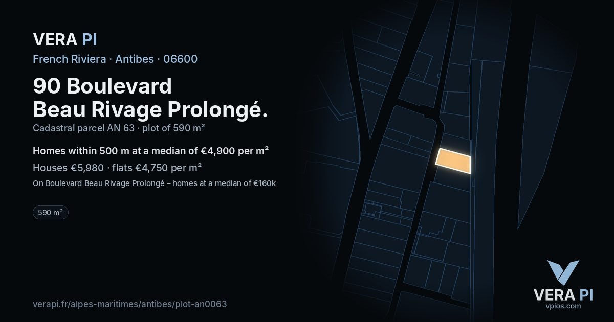 90 Boulevard Beau Rivage Prolongé, Antibes at night – the plot lit, the parcels around coloured by the prices near them