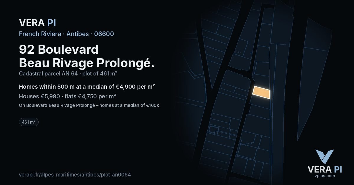 92 Boulevard Beau Rivage Prolongé, Antibes at night – the plot lit, the parcels around coloured by the prices near them