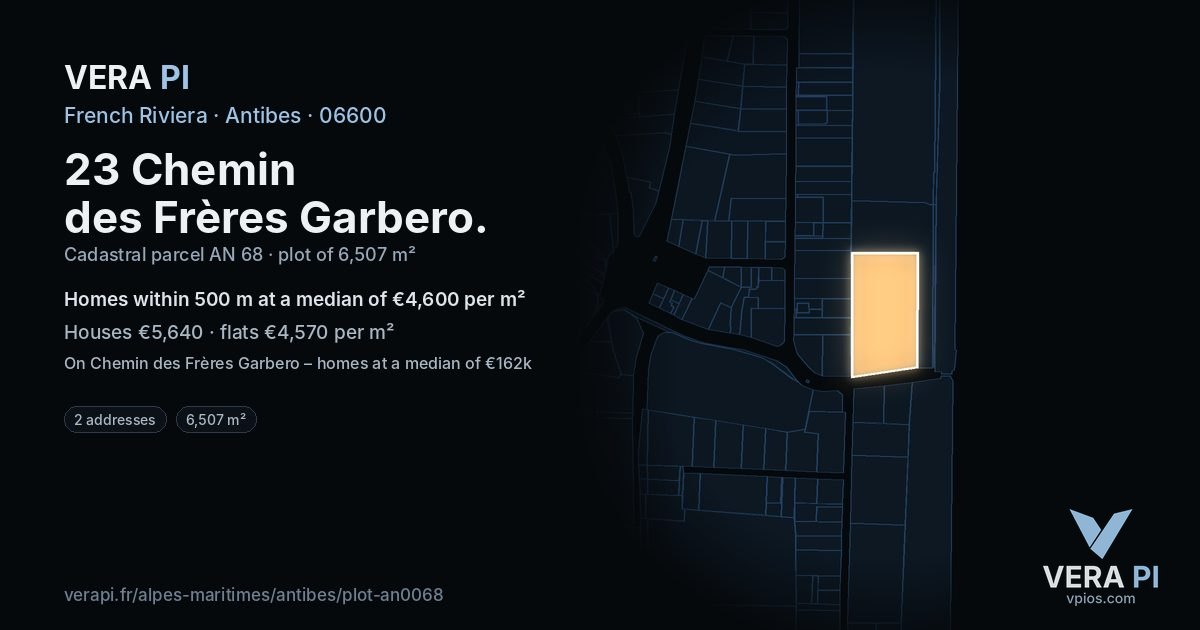 23 Chemin des Frères Garbero, Antibes at night – the plot lit, the parcels around coloured by the prices near them