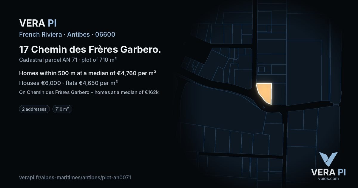 17 Chemin des Frères Garbero, Antibes at night – the plot lit, the parcels around coloured by the prices near them