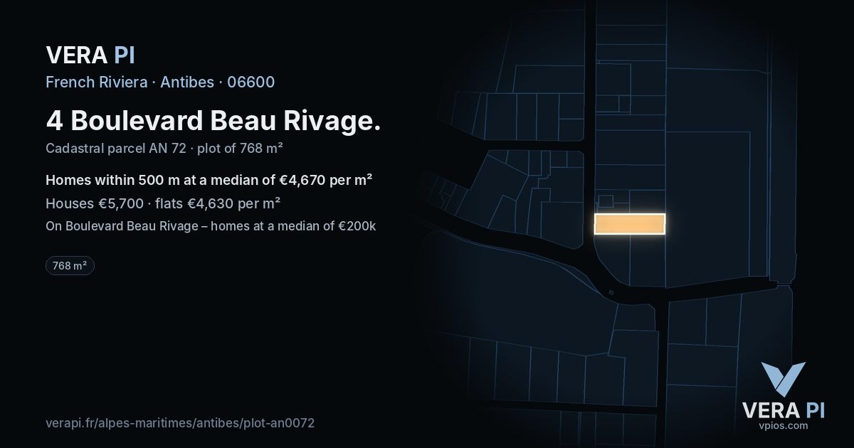 4 Boulevard Beau Rivage, Antibes at night – the plot lit, the parcels around coloured by the prices near them