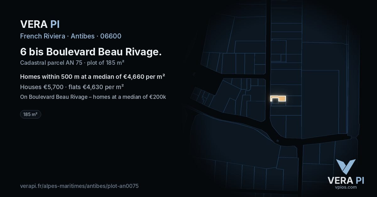 6 bis Boulevard Beau Rivage, Antibes at night – the plot lit, the parcels around coloured by the prices near them