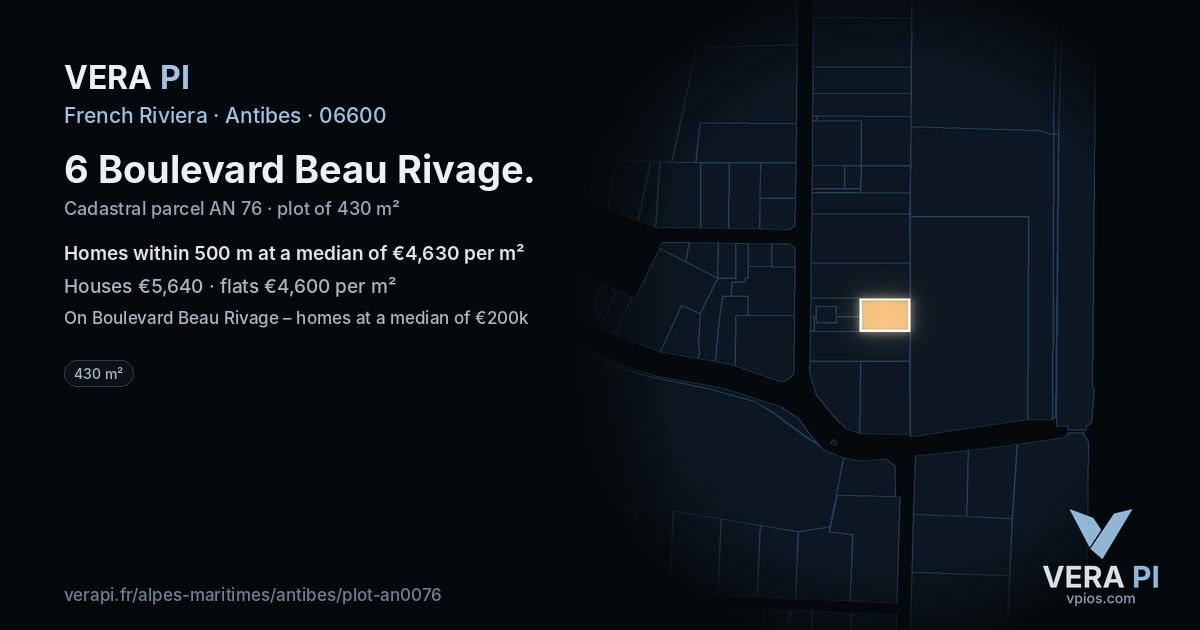 6 Boulevard Beau Rivage, Antibes at night – the plot lit, the parcels around coloured by the prices near them