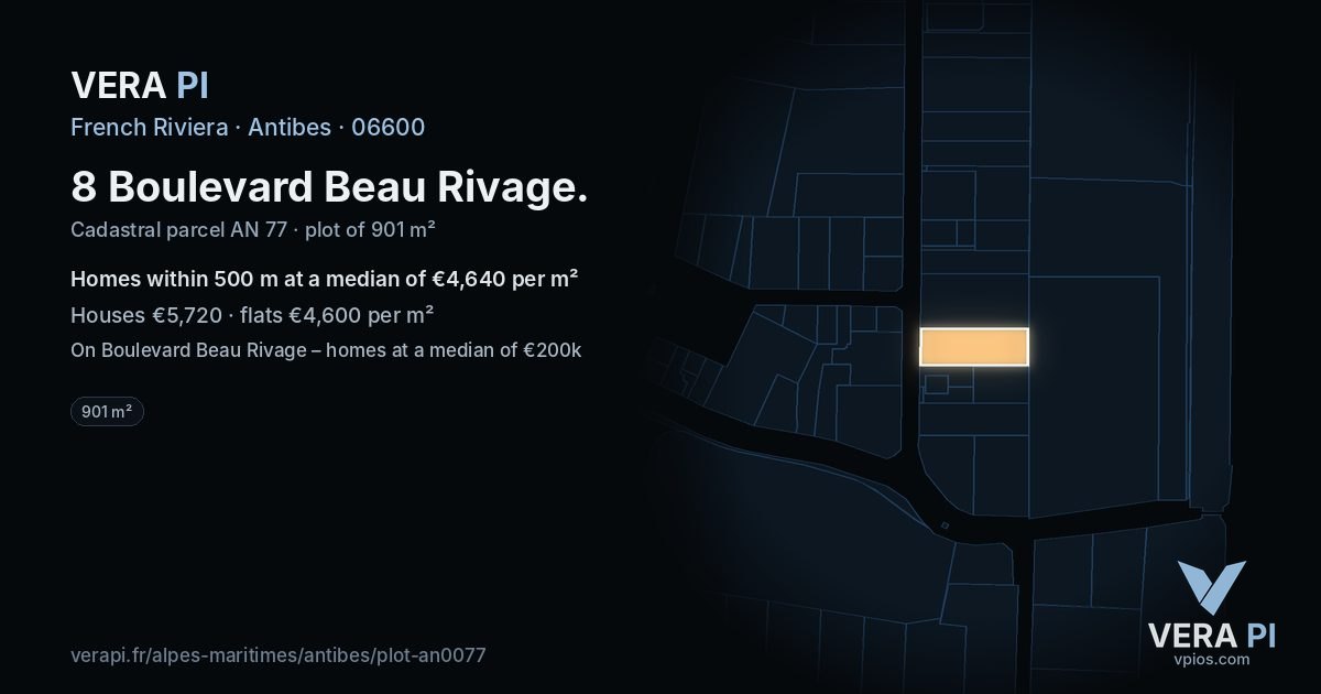 8 Boulevard Beau Rivage, Antibes at night – the plot lit, the parcels around coloured by the prices near them