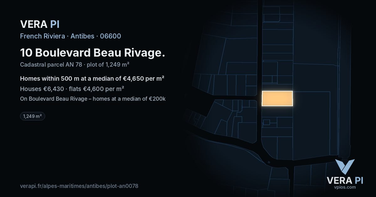 10 Boulevard Beau Rivage, Antibes at night – the plot lit, the parcels around coloured by the prices near them