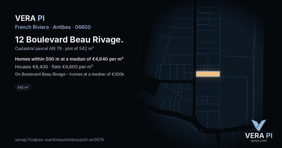 12 Boulevard Beau Rivage, Antibes at night – the plot lit, the parcels around coloured by the prices near them