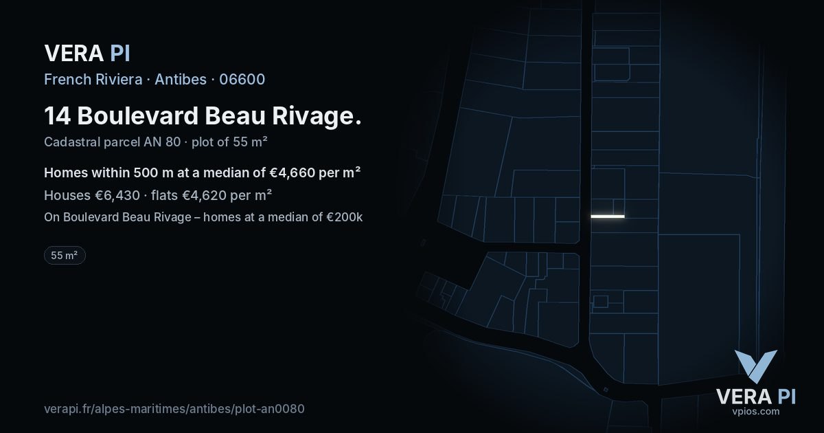 14 Boulevard Beau Rivage, Antibes at night – the plot lit, the parcels around coloured by the prices near them