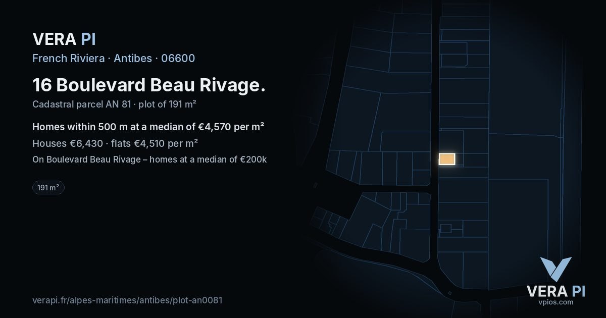 16 Boulevard Beau Rivage, Antibes at night – the plot lit, the parcels around coloured by the prices near them