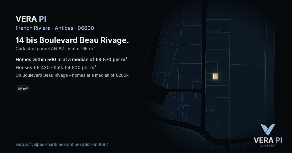 14 bis Boulevard Beau Rivage, Antibes at night – the plot lit, the parcels around coloured by the prices near them