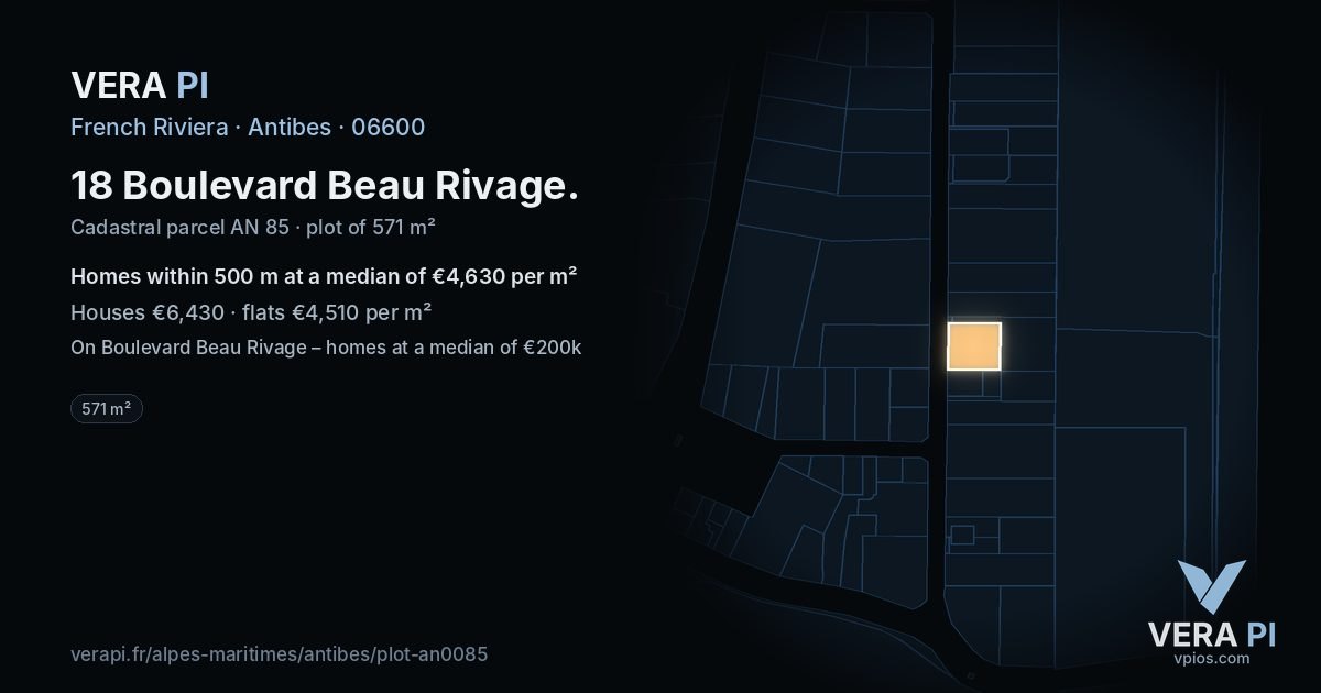 18 Boulevard Beau Rivage, Antibes at night – the plot lit, the parcels around coloured by the prices near them