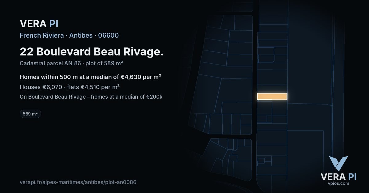 22 Boulevard Beau Rivage, Antibes at night – the plot lit, the parcels around coloured by the prices near them