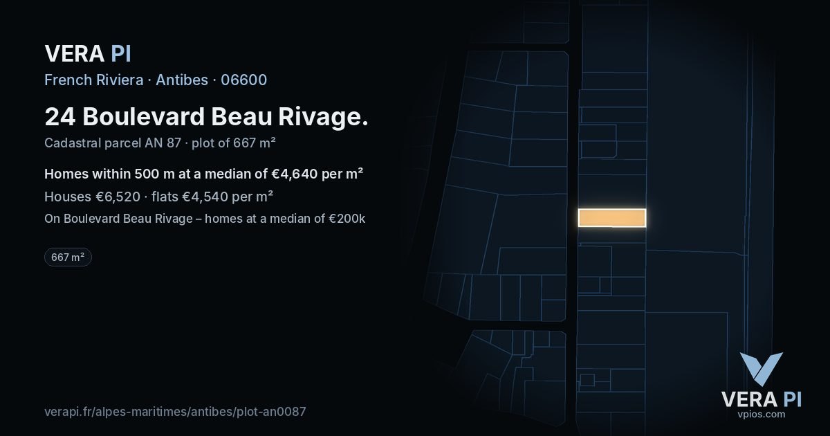 24 Boulevard Beau Rivage, Antibes at night – the plot lit, the parcels around coloured by the prices near them