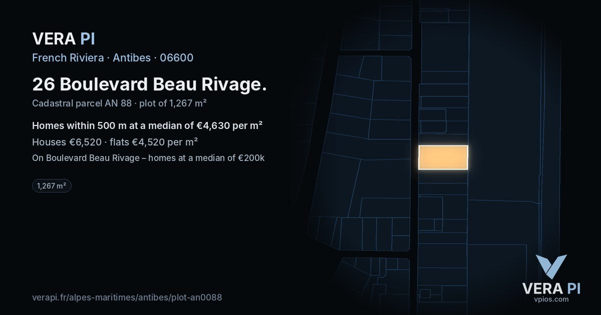 26 Boulevard Beau Rivage, Antibes at night – the plot lit, the parcels around coloured by the prices near them