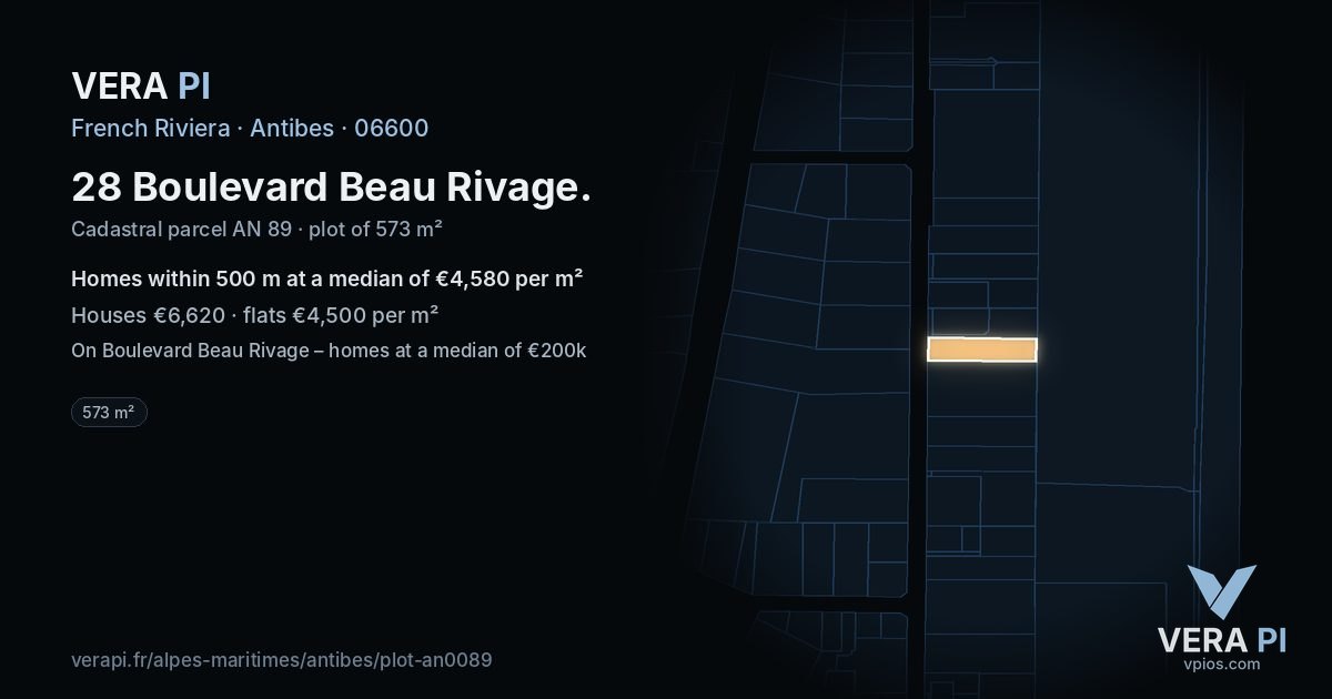 28 Boulevard Beau Rivage, Antibes at night – the plot lit, the parcels around coloured by the prices near them