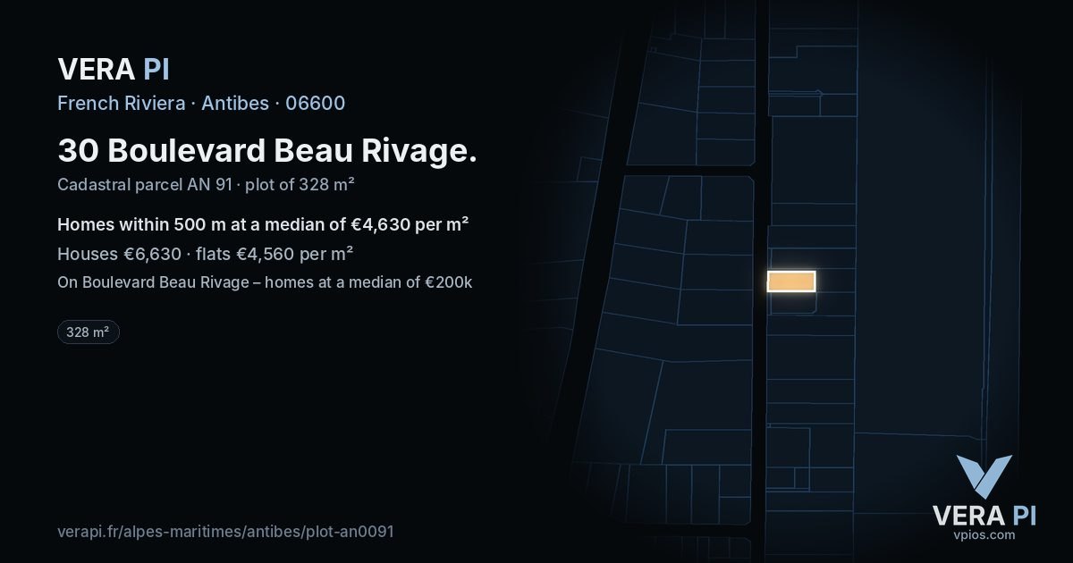 30 Boulevard Beau Rivage, Antibes at night – the plot lit, the parcels around coloured by the prices near them