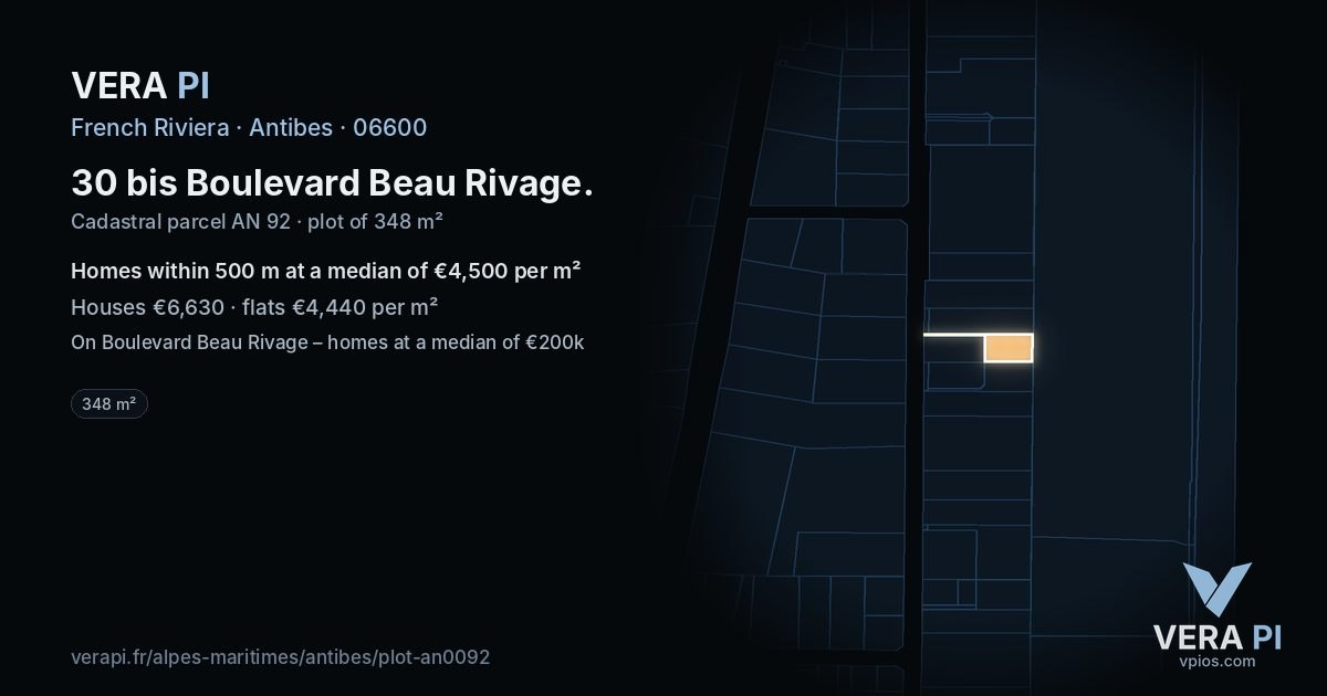 30 bis Boulevard Beau Rivage, Antibes at night – the plot lit, the parcels around coloured by the prices near them